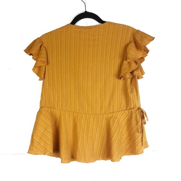 MINKPINK Gold Orange Short Flutter Sleeve V Neck Top with Ties on Sides Small - Picture 5 of 7
